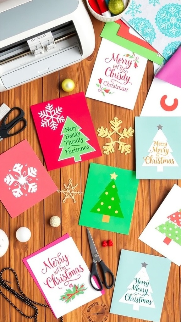 A variety of DIY Christmas cards made with Cricut, featuring festive designs and surrounded by crafting supplies.